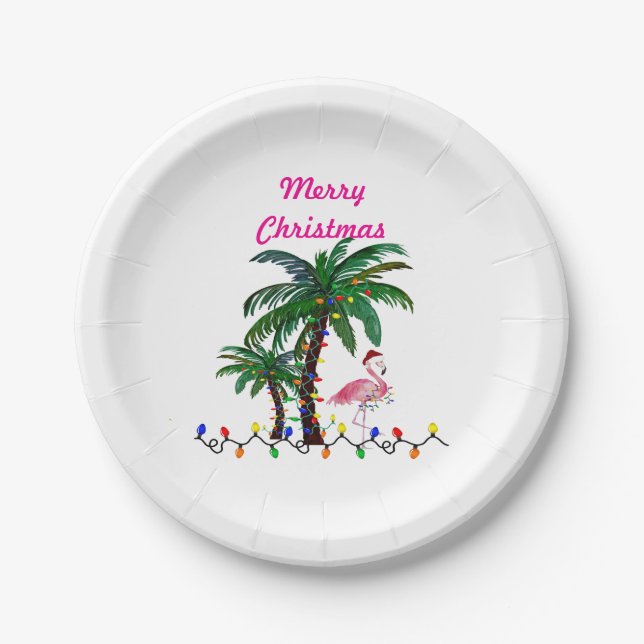 Prato De Papel Christmas flamingos tropical party plates (Frente)