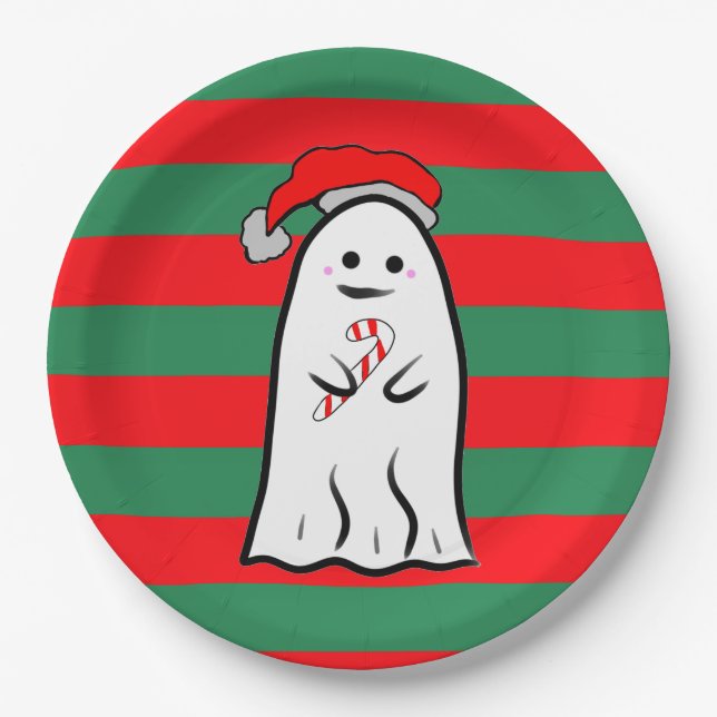 Prato De Papel Christmas Ghost on Red and Green Stripes (Frente)