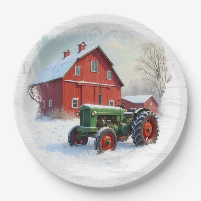 Prato De Papel Christmas Green Farm Tractor and Red Barn (Frente)