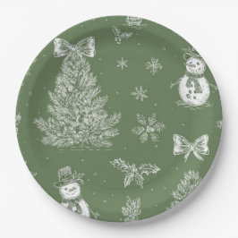 Prato De Papel Christmas paper plate green toile