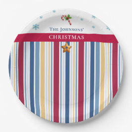 Prato De Papel Christmas Paper Plates – Blue, Red & Gold Stripes