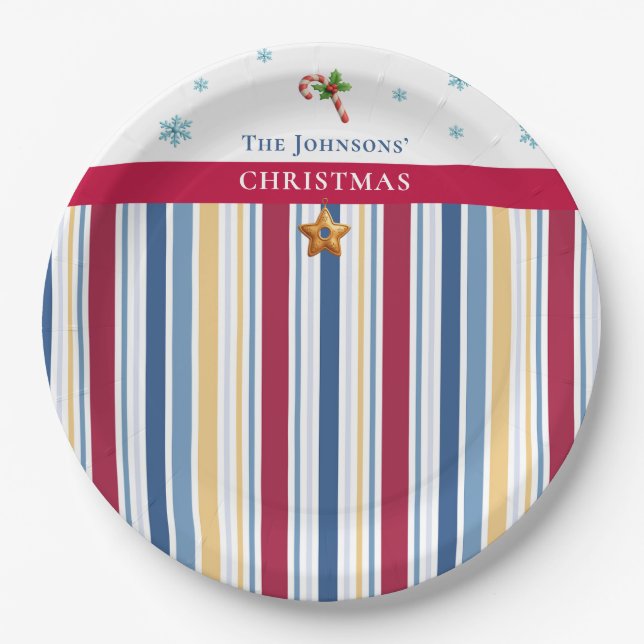 Prato De Papel Christmas Paper Plates – Blue, Red & Gold Stripes (Frente)
