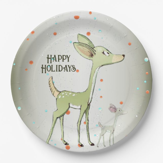 Prato De Papel Christmas Party Green Deers Holidays Cute (Frente)