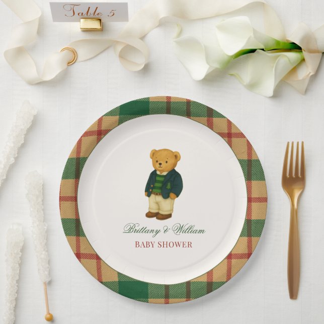 Prato De Papel Christmas Plaid Preppy Bear Baby Shower  (Casamento)