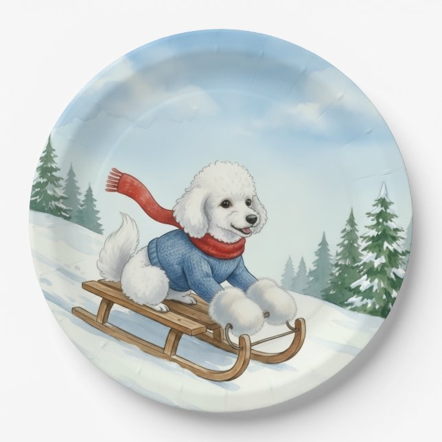 Prato De Papel Christmas Poodle Sledding, Paper Plates (Frente)