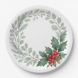 Prato De Papel Christmas red winter berries and greenery