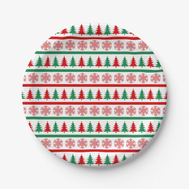 Prato De Papel Christmas Snowflakes & Trees Printed Paper Plates (Frente)