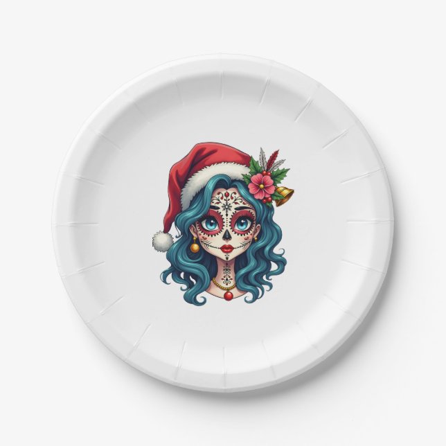Prato De Papel Christmas Sugar Skull Art Woman Santa Hat Festive  (Frente)