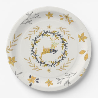 Prato De Papel Christmastime Deer Yellow Cream Floral
