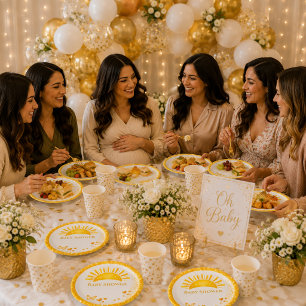 Prato De Papel Chuva de Amor Bebê Neutro Dourado Brilhante