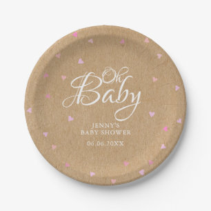 Prato De Papel Chuva de Amor Corações Rosa Rustic Kraft baby show