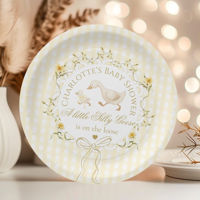 Prato De Papel Chuva de Bebê Amarela Neutra em Gênero Silly Goose (Criador carregado)
