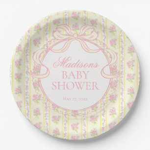 Prato De Papel Chuva de Bebê Amarela Vintage Chique Floral