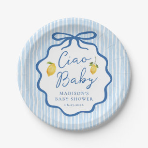 Prato De Papel Chuva de Bebê Azul Italiano Limão Baby Shower