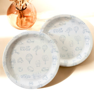 Prato De Papel Chuva de Bebê Azul Toile de Jouy
