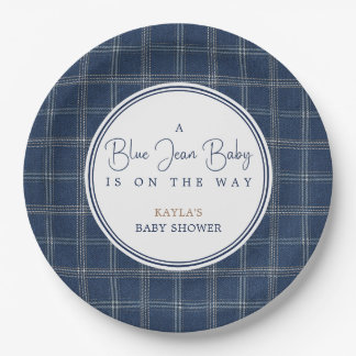 Prato De Papel Chuva de Bebê Blue Jean Xadrez Azul Marinho Elegan