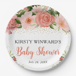 Prato De Papel Chuva de Bebê Boho Rosas Cor-de-Rosa Aquarela