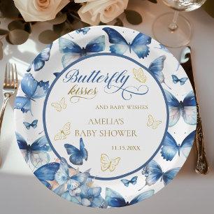 Prato De Papel Chuva de Bebê Borboleta Azul Elegante Dourada