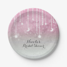 Prato De Papel Chuva de Bebê Celestial Pink Cinza Branco Lua e Es