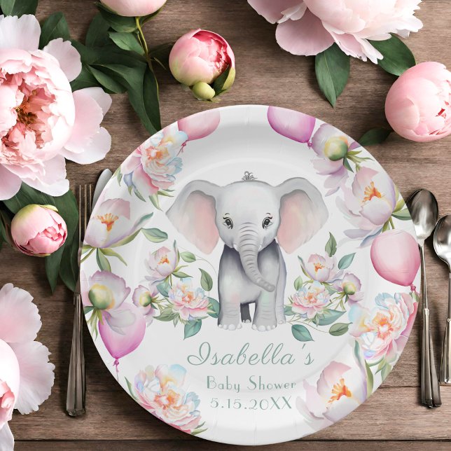 Prato De Papel Chuva de Bebê Elefante com Peônias e Balões (Serve delectable treats with style on these adorable Baby Shower Paper Plates!)