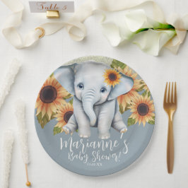 Prato De Papel Chuva de Bebê Elefante Girassóis Brilho Azul Empoe