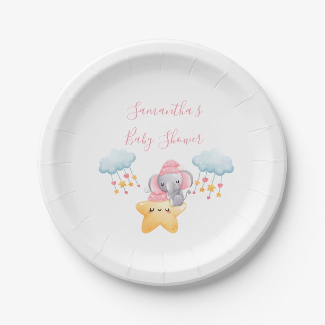 Prato De Papel Chuva de Bebê Elefante Rosa Personalizada (Frente)