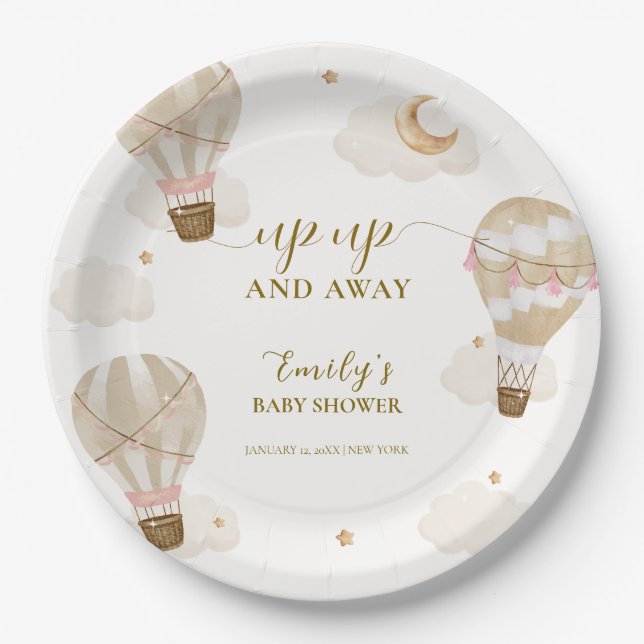Prato De Papel Chuva de Bebê Elegante Boho Neutro Balão de Ar Que (Frente)