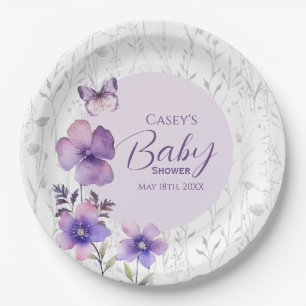 Prato De Papel Chuva de Bebê Elegante Borboleta Floral Roxo