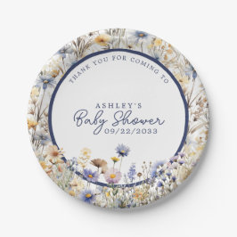 Prato De Papel Chuva de Bebê em Aquarela Boho Flor Silvestre Azul