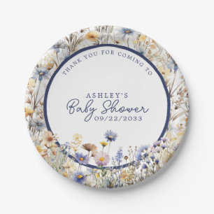 Prato De Papel Chuva de Bebê em Aquarela Boho Flor Silvestre Azul
