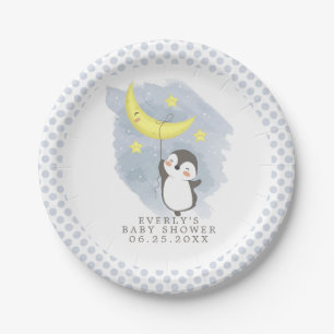Prato De Papel Chuva de Bebê em Aquarela de Pinguim Lua
