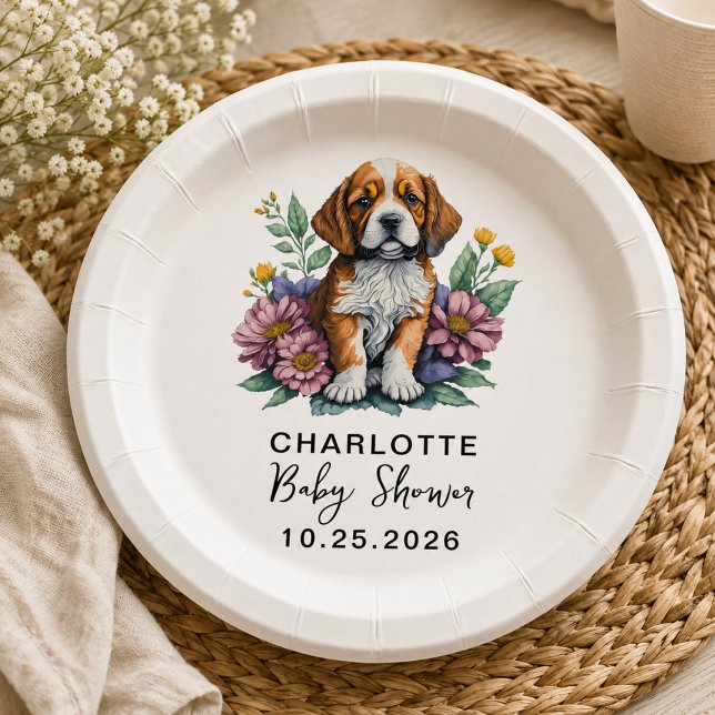 Prato De Papel chuva de bebê em terracota com cachorrinho moderno (modern puppy dog terracotta baby shower paper plates)