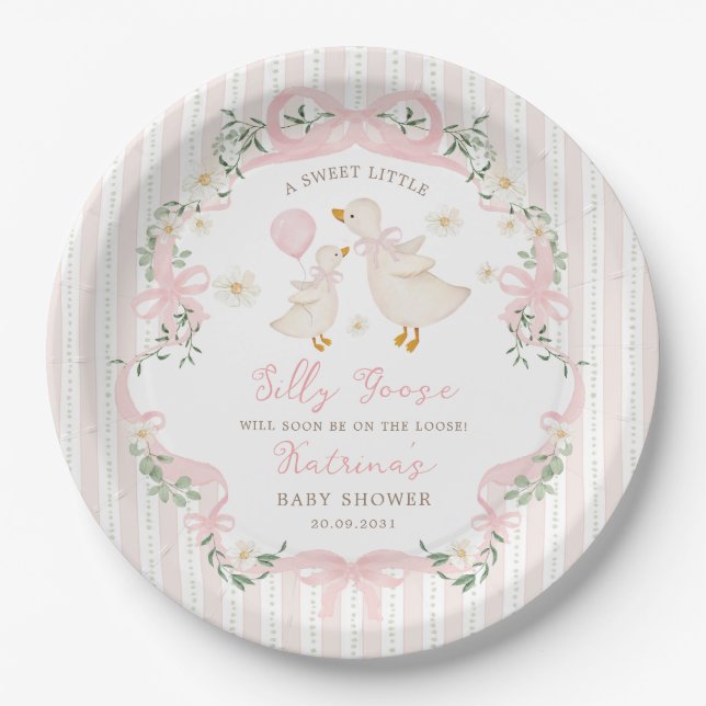 Prato De Papel Chuva de Bebê Floral com Laço Rosa de Ganso Bobalh (Frente)