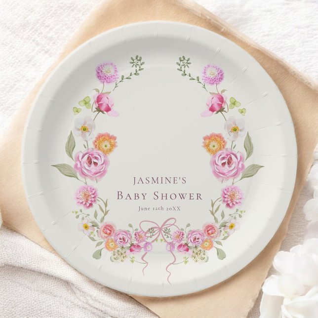 Prato De Papel Chuva de bebê Floral Coroa Pastel Coquette (Criador carregado)