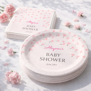 Prato De Papel Chuva de Bebê Floral Minimalista em Aquarela Rosa