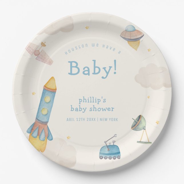 Prato De Papel Chuva de Bebê Foguete Espacial Boho  (Frente)
