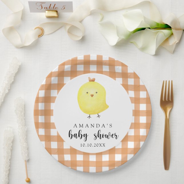 Prato De Papel Chuva de Bebê Frango em Aquarela (Casamento)
