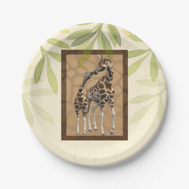 Prato De Papel Chuva de Bebê Girafas Beijando Marrom Dourado Zool (Frente)