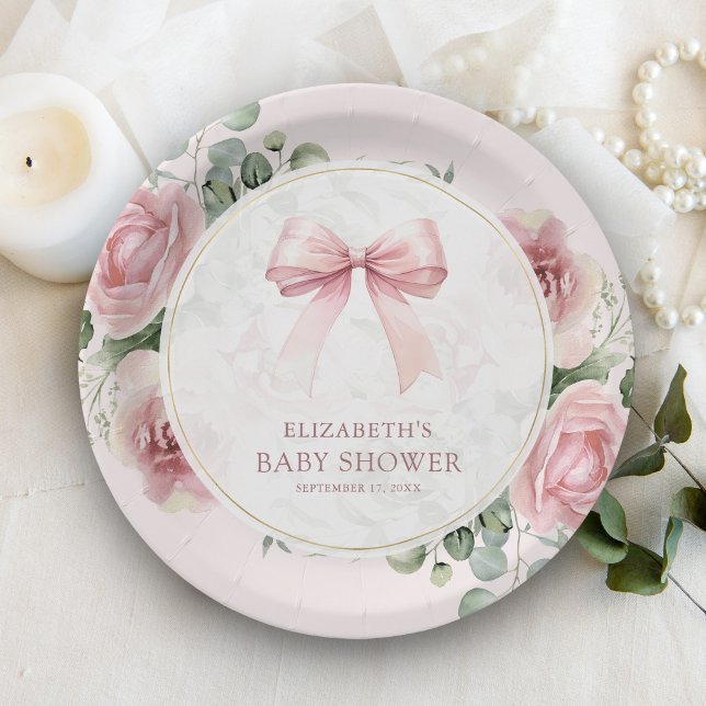 Prato De Papel Chuva de Bebê Laço Coquette Floral Rosa Bege (Criador carregado)