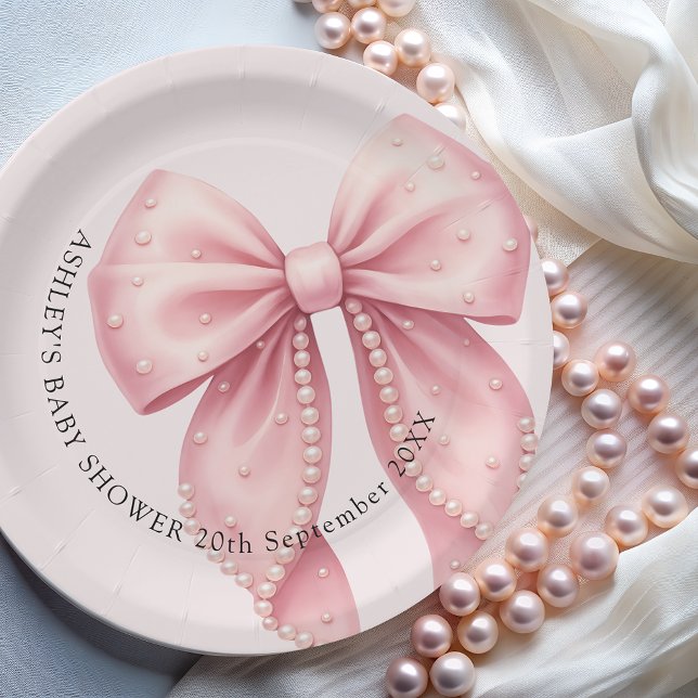 Prato De Papel Chuva de Bebê Laço de Pérola Rosa Elegante (Criador carregado)