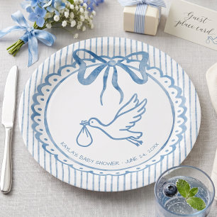Prato De Papel Chuva de Bebê Listra de Laço Aquarela Azul Caprich
