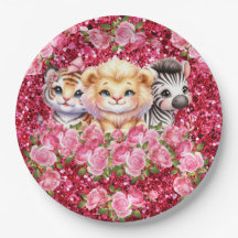 Chuva de Bebê Menina Animais Selvagens Brilho Rosa
