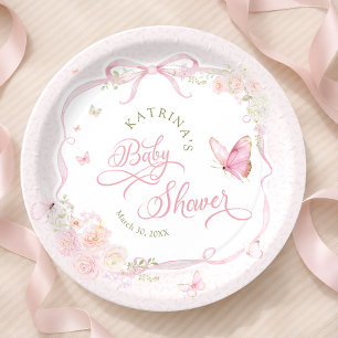 Prato De Papel Chuva de Bebê Menina Floral Borboleta Rosa Bege