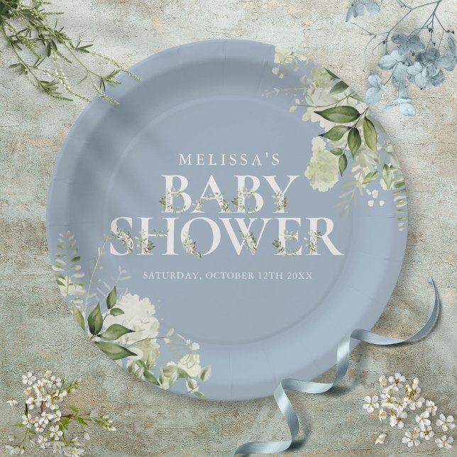 Prato De Papel Chuva de Bebê Menino Azul Empoeirado com Folhagem (Dusty Blue Greenery Boy Baby Shower Paper Plates)