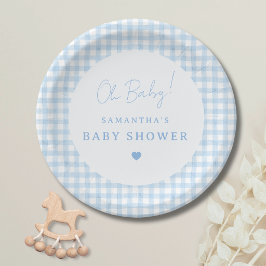 Prato De Papel Chuva de Bebê Menino Boho Xadrez Azul Aquarela