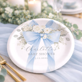 Prato De Papel Chuva de Bebê Menino Floral com Laço Azul