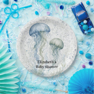 Prato De Papel Chuva de Bebê Menino Jellyfish Azul Empoeirado
