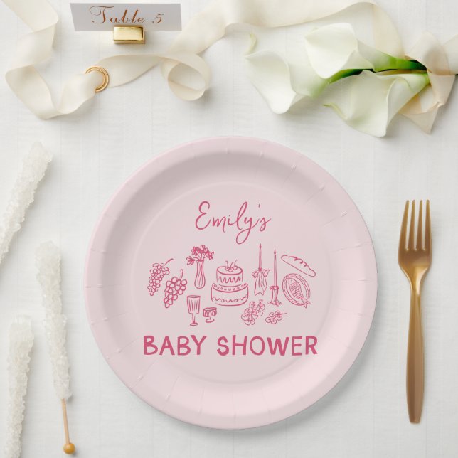 Prato De Papel Chuva de bebê moderna e coquete desenhada à mão em (Casamento)