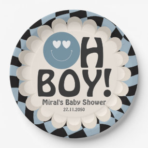 Prato De Papel Chuva de Bebê Oh Menino Cara Feliz Azul Groovy