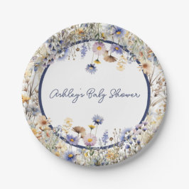 Prato De Papel Chuva de Bebê Personalizada Flor Silvestre Azul Bo